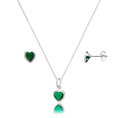 Conjunto Coração Embutido 6mm - Verde Esmeralda - Prata 925