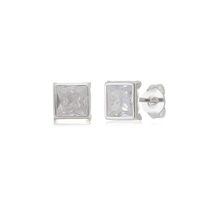 Brinco Quadrado Embutido 6x6 - Cristal - Prata 925 (Contém 12 Pares)