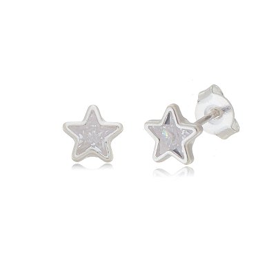 Brinco Estrela Embutido 6mm - Cristal - Prata 925 (Contém 12 Pares)