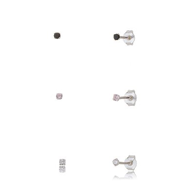 Trios de brincos zircônia 2mm - Cristal/Preto/Rosa - Prata 925 (Contém 5 Trios)