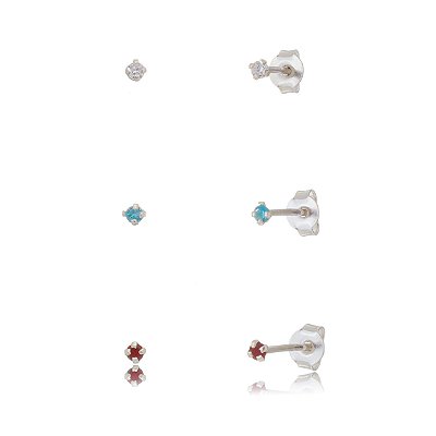 Trios de brincos zircônia 2mm - Cristal/Azul Céu/Vermelho - Prata 925 (Contém 5 Trios)