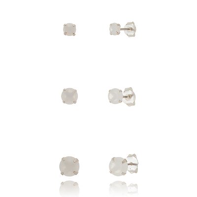 Trios de brincos zircônia 4/5/6mm - Branco Leitoso - Prata 925 (Contém 5 Trios)