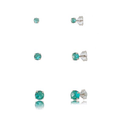 Trios de brincos zircônia Redondo - Verde Mar - 3/4/5mm - Prata 925 (Contém 5 Trios)