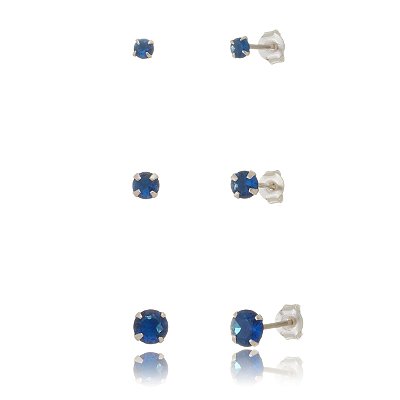 Trios de brincos zircônia Redondo - Azul Royal - 3/4/5mm - Prata 925 (Contém 5 Trios)