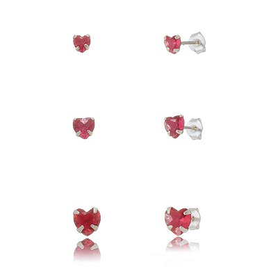 Trios de brincos zircônia Coração 4/5/6x6- Cereja - Prata 925 (Contém 5 Trios)
