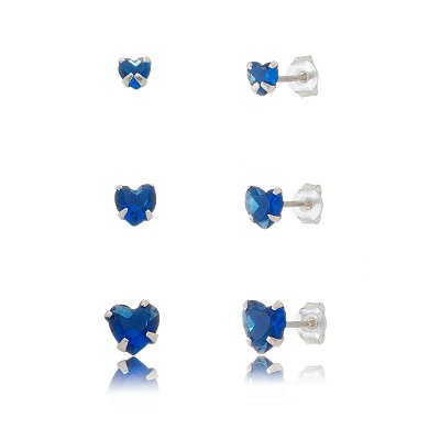 Trios de brincos zircônia Coração 4/5/6x6 - Azul Royal - Prata 925 (Contém 5 Trios)