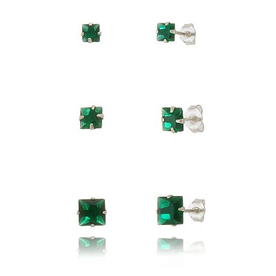 Trios de brincos zircônia Quadrado 4/5/6x6 - Verde Esmeralda - Prata 925 (Contém 5 Trios)