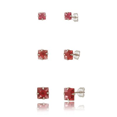 Trios de brincos zircônia Quadrado 4/5/6x6 - Cereja - Prata 925 (Contém 5 Trios)