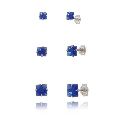Trios de brincos zircônia Quadrado 4/5/6x6 - Azul Caneta - Prata 925 (Contém 5 Trios)