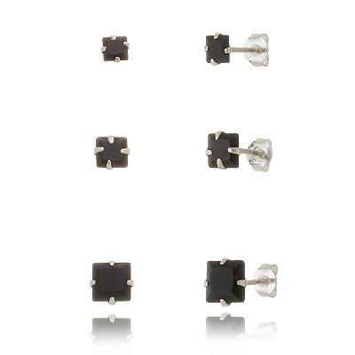 Trios de brincos zircônia Quadrado 4/5/6x6 - Preto - Prata 925 (Contém 5 Trios)