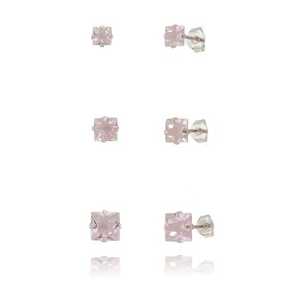 Trios de brincos zircônia Quadrado 4/5/6x6 - Rosa - Prata 925 (Contém 5 Trios)