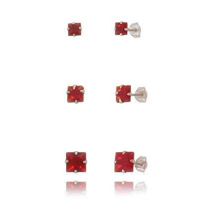Trios de brincos zircônia Quadrado 4/5/6x6 - Vermelho - Prata 925 (Contém 5 Trios)