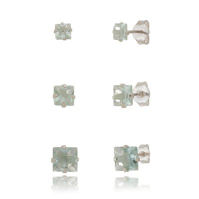 Trios de brincos zircônia Quadrado 4/5/6x6 - Verde Paraíba - Prata 925 (Contém 5 Trios)
