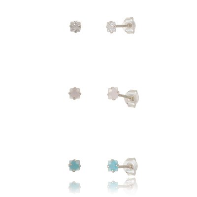 Trio de brincos Quadrado 3x3 - Azul/Rosa/Cristal (Leitoso) - Prata 925 (Contém 5 Trios)