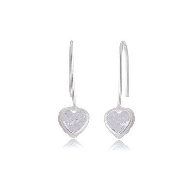 Brinco Gancho com Coração Zircônia 6x6 - Cristal - Prata 925 (Par)