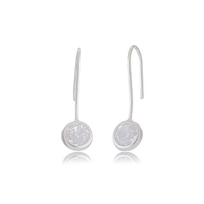 Brinco Gancho com Redondo Zircônia 6mm - Cristal - Prata 925 (Par)