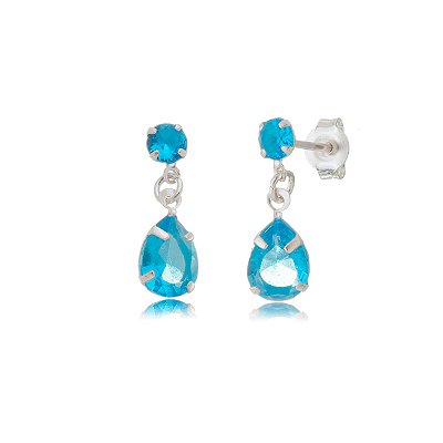 Cartela de brincos zircônia Gota Garra com Redondo 4mm - Azul Céu - Prata 925 (Contém 12 Pares)