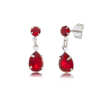 Cartela de brincos zircônia Gota Garra com Redondo 4mm - Vermelho - Prata 925 (Contém 12 Pares)