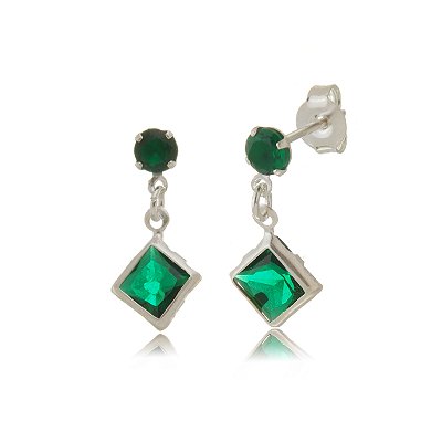 Cartela de Brincos Redondo 4mm com Quadrado 6x6 - Verde Esmeralda - Prata 925 (Contém 12 Pares)