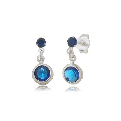 Brinco Zircônia Redondo 3mm com 6mm - Azul Royal  - Prata 925 (12 Pares)