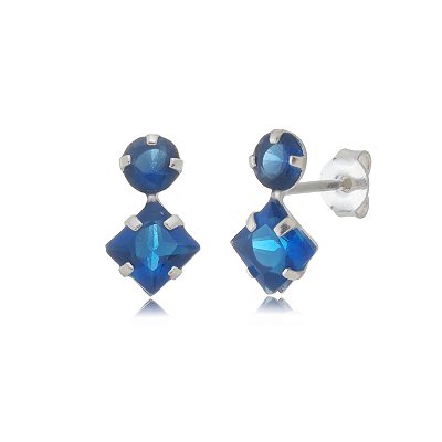 Cartela de brincos zircônia Redondo 4mm e Quadrado 5x5 - Azul Royal - Prata 925 (Contém 12 Pares)