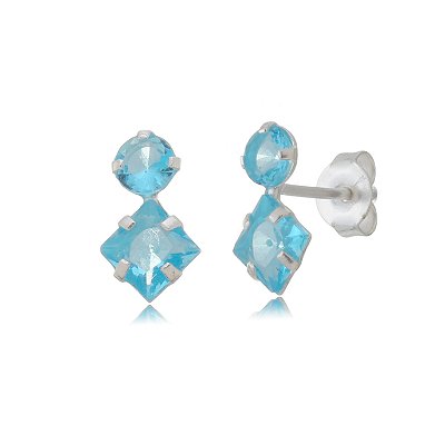 Cartela de brincos zircônia Redondo 4mm e Quadrado 5x5 - Azul Céu - Prata 925 (Contém 12 Pares)