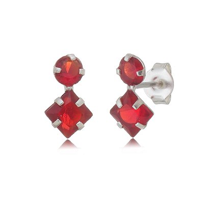 Cartela de brincos zircônia Redondo 4mm e Quadrado 5x5 - Vermelho - Prata 925 (Contém 12 Pares)