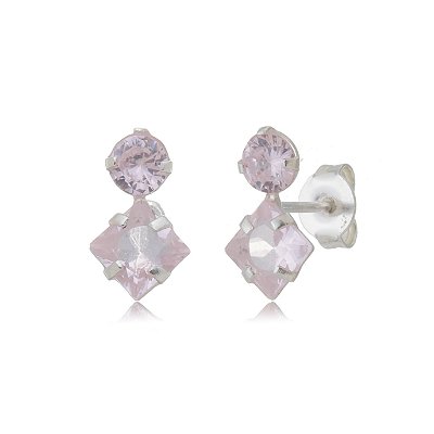 Cartela de brincos zircônia Redondo 4mm e Quadrado 5x5 - Rosa - Prata 925 (Contém 12 Pares)