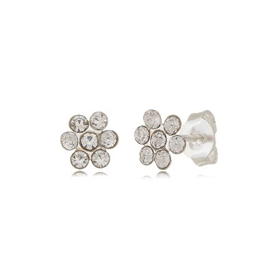 Cartela de brincos Florzinha Strass - Cristal - Prata 925 (Contém 12 Pares)