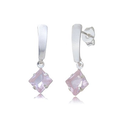Cartela de Brincos Canoa com Quadrado 6x6 - Rosa - Prata 925 (Contém 12 Pares)