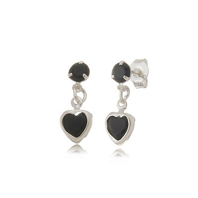 Cartela de Brincos Redondo 3mm com Coração Zircônia 6X6 - Preto - Prata 925 (Contém 12 Pares)