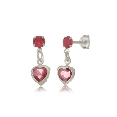 Cartela de Brincos Redondo 3mm com Coração Zircônia 6X6 - Cereja - Prata 925 (Contém 12 Pares)