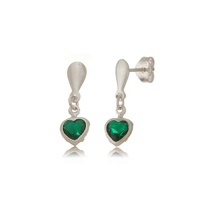 Cartela de Brincos Gota com Coração Zircônia 6X6 - Verde Esmeralda - Prata 925 (Contém 12 Pares)