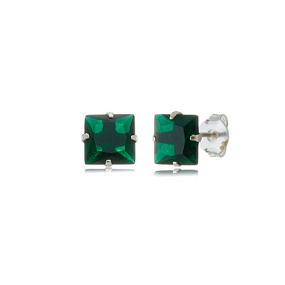 Cartela de Brincos Quadrado 8x8 - Verde Esmeralda - Prata 925 (Contém 12 Pares)