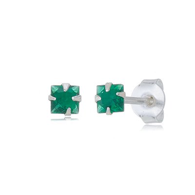 Cartela de brincos zircônia quadrado 3x3 - Verde Esmeralda - Prata 925 (Contém 12 Pares)