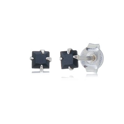 Cartela de brincos zircônia quadrado 3x3 - Preto - Prata 925 (Contém 12 Pares)