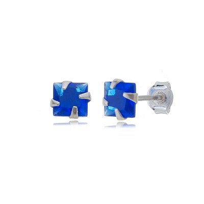 Cartela de brincos zircônia quadrado 5x5 - Azul Caneta - Prata 925 (Contém 12 Pares)
