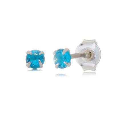 Cartela de brincos zircônia redondo 3mm - Azul Céu - Prata 925 (Contém 12 pares)