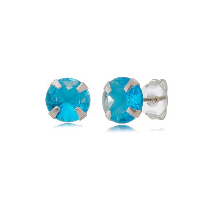 Cartela de Brincos Zircônia 8mm - Azul Céu - Prata 925 (Contém 12 Pares)