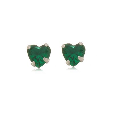 Cartela de brincos zircônia Coração 4x4 - Verde Esmeralda - Prata 925 (Contém 12 Pares)