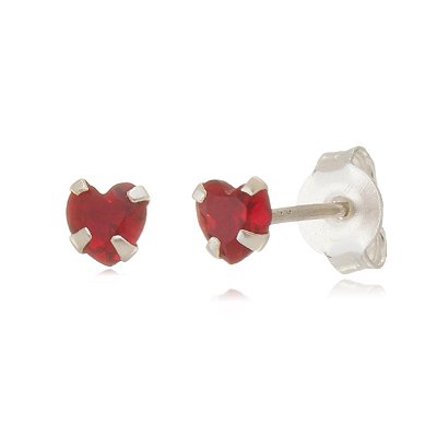 Cartela de brincos zircônia Coração 4x4 - Vermelho - Prata 925 (Contém 12 Pares)