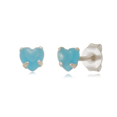 Cartela de brincos zircônia Coração 4x4 - Azul Leitoso - Prata 925 (Contém 12 Pares)