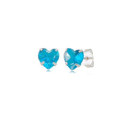 Cartela de brincos zircônia Coração 4x4 - Azul Céu - Prata 925 (Contém 12 Pares)