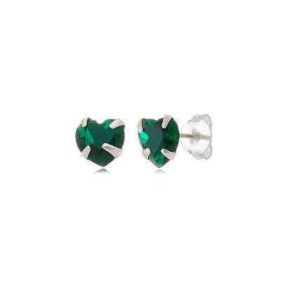 Cartela de brincos zircônia Coração 4x4 - Verde Esmeralda - Prata 925 (Contém 12 Pares)