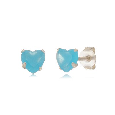 Cartela de brincos zircônia Coração 5x5 - Azul Leitoso - Prata 925 (Contém 12 Pares)