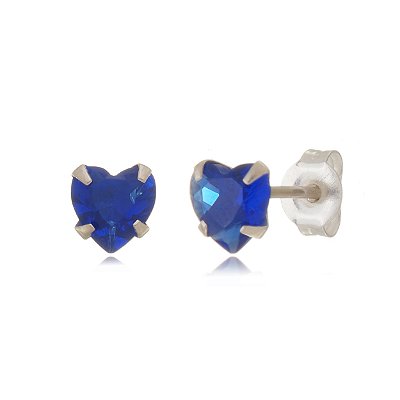 Cartela de brincos zircônia Coração 6x6 - Azul Royal - Prata 925 (Contém 12 Pares)