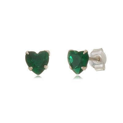 Cartela de brincos zircônia Coração 6x6 - Verde Esmeralda - Prata 925 (Contém 12 Pares)