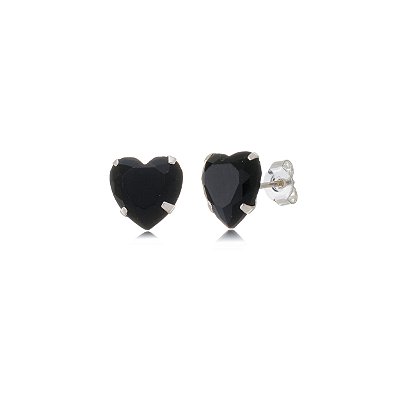 Cartela de brincos zircônia Coração 8x8 - Preto - Prata 925 (Contém 12 Pares)