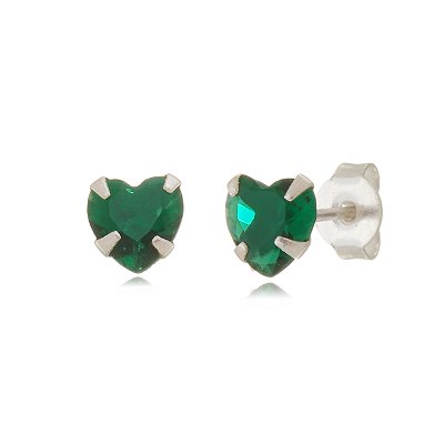 Cartela de brincos zircônia Coração 8x8 - Verde Esmeralda - Prata 925 (Contém 12 Pares)