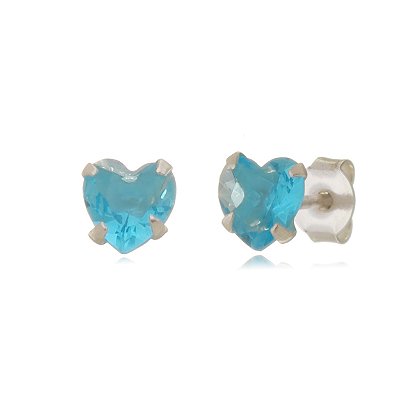 Cartela de brincos zircônia Coração 8x8 - Azul Céu - Prata 925 (Contém 12 Pares)